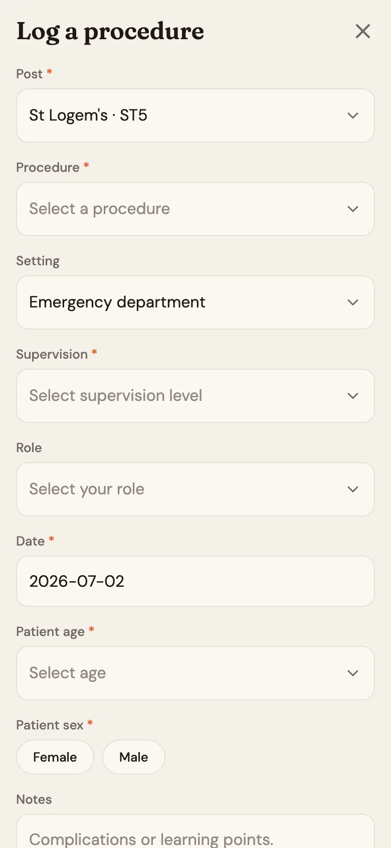 The log a procedure form with setting, supervision, role and date fields