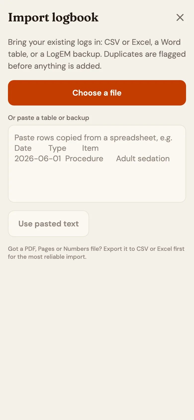 Logbook import screen with a choose-a-file button and a paste field for existing records