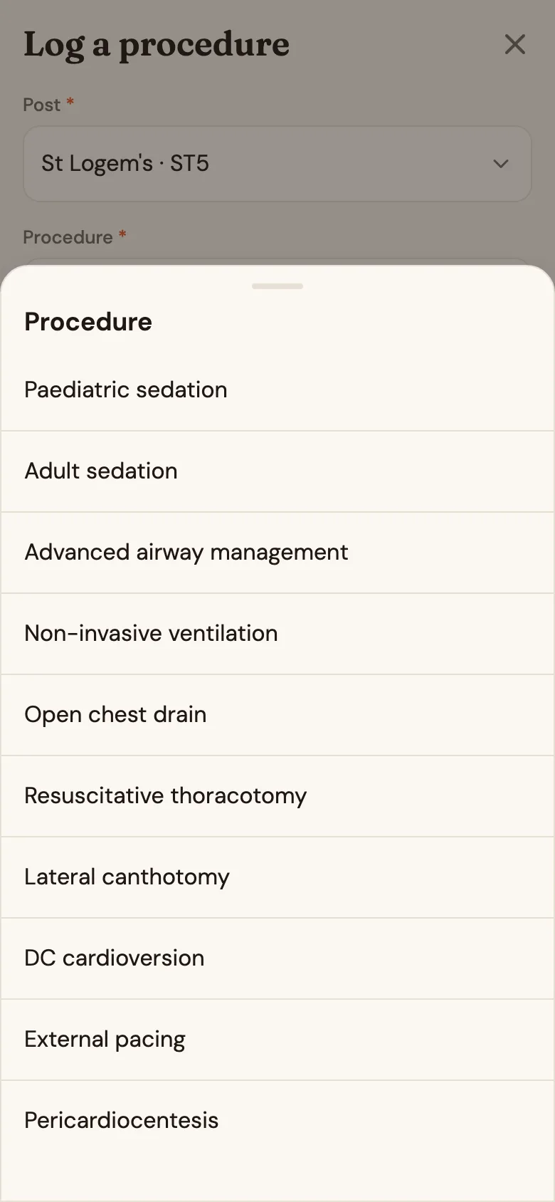 The procedure picker listing RCEM higher procedural skills