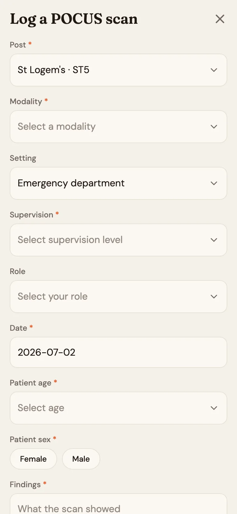 The log a POCUS scan form with modality, supervision and findings fields