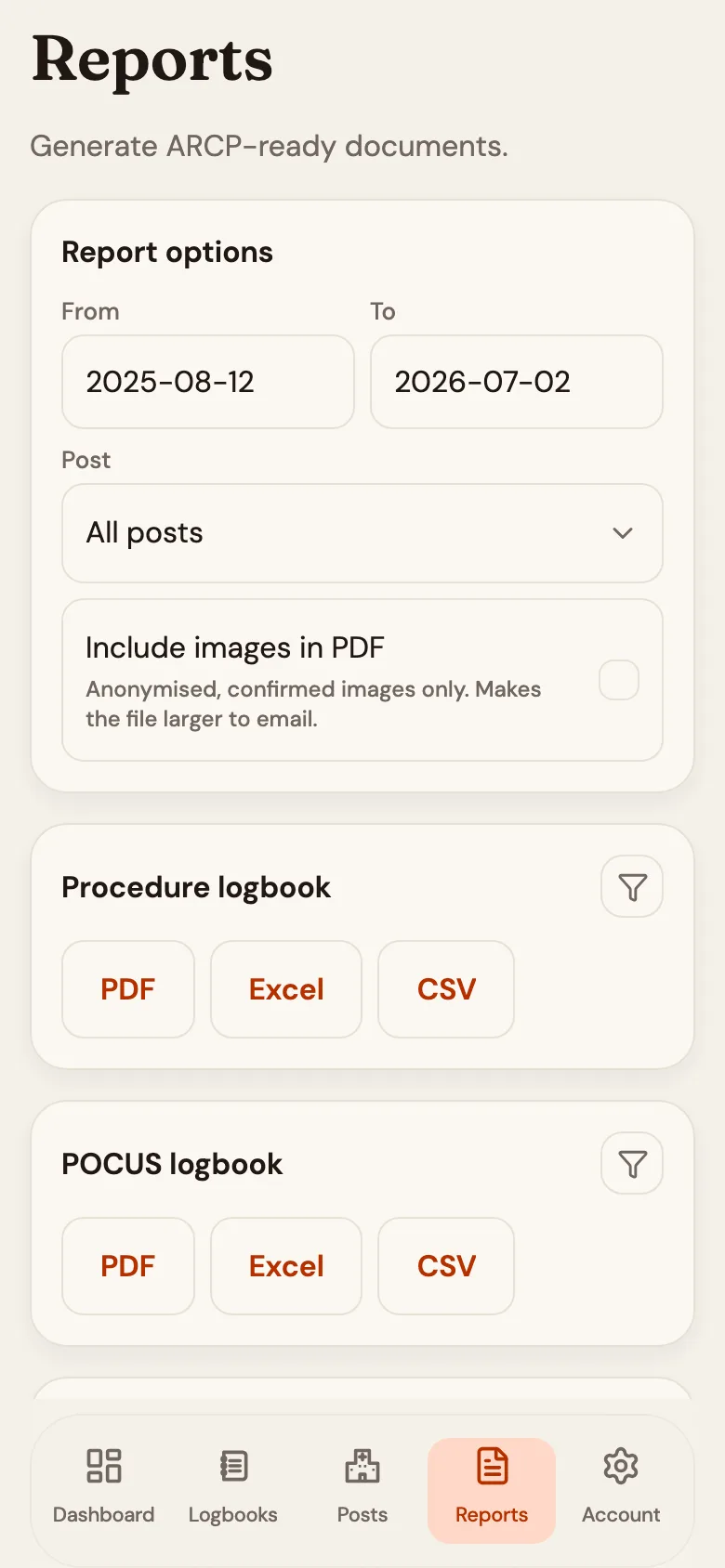 Reports screen generating ARCP-ready logbook documents